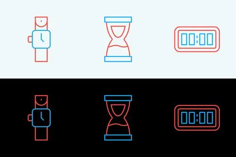 Set line Digital alarm clock, Wrist watch and Old hourglass icon. Vector Illustrazione stock