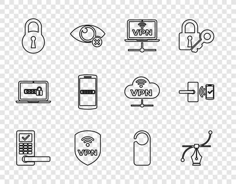Set line Digital door lock with wireless, Bezier curve, VPN Computer network Stock Illustration