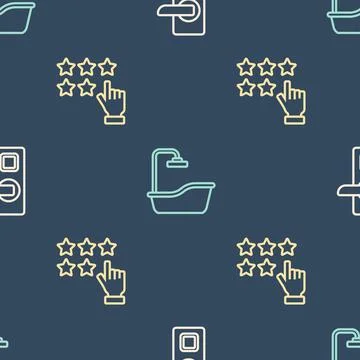 Set line Digital door lock, Stars rating and Bathtub on seamless pattern. Vector Stock Illustration