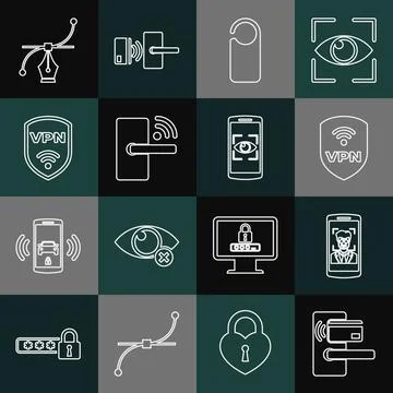 Set line Digital door lock with wireless, Mobile and face recognition, Shield Illustration