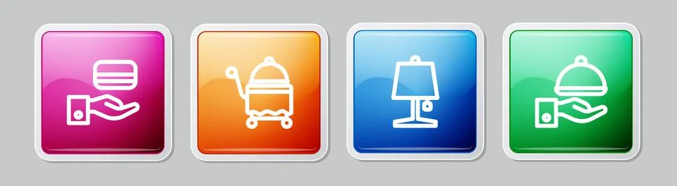 Set line Digital door lock, Covered with tray, Table lamp and . Colorful square Illustrazione stock