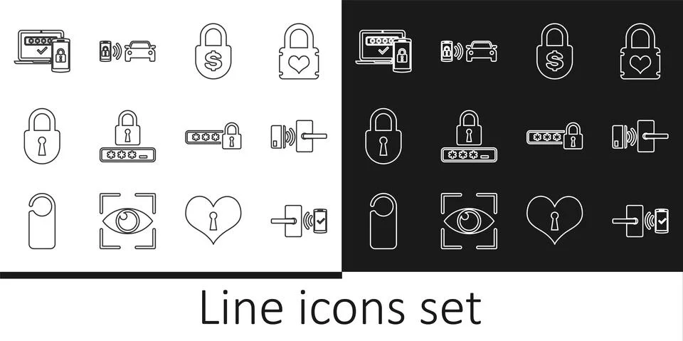 Set line Digital door lock with wireless, Money, Password protection, Lock, Two Stock Illustration