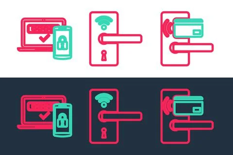 Set line Digital door lock with wireless, Two steps authentication and icon Stockillustratie