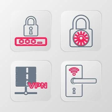 Set line Digital door lock with wireless, Server VPN, Safe combination wheel and Stock Illustration