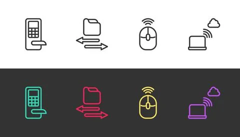 Set line Digital door lock, Transfer files, Wireless computer mouse and Netwo Illustrazione stock