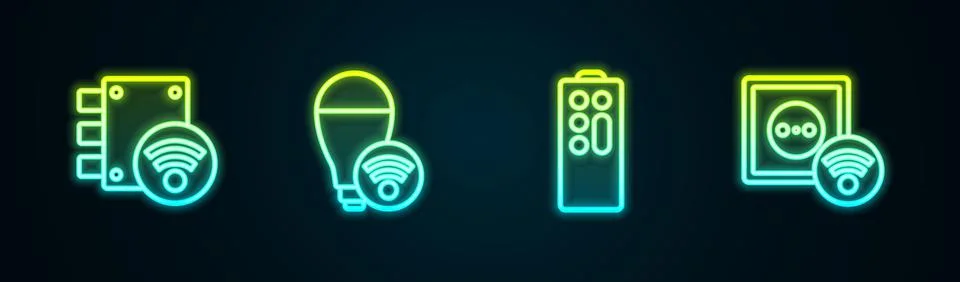 Set line Digital door lock, Smart light bulb, Remote control and electrical o Stock Illustration