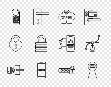 Set line Digital door lock with wireless, Keyhole eye, VPN Network cloud Stock Illustration