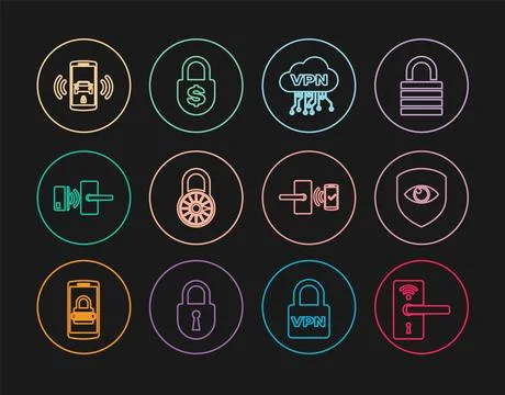 Set line Digital door lock with wireless, Shield and eye, Cloud VPN interface Stock Illustration