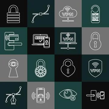 Set line Digital door lock with wireless, Shield VPN, Lock, Network cloud Stock Illustration