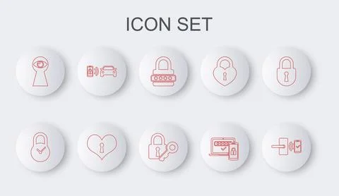 Set line Digital door lock with wireless, Padlock clock, Password protection Stock Illustration