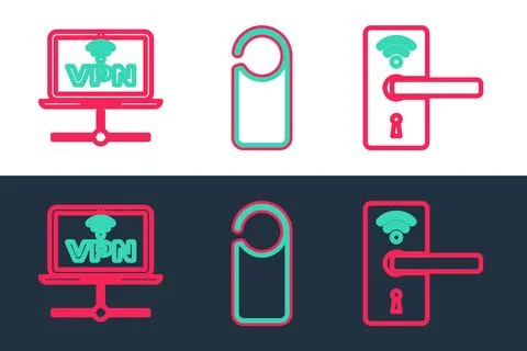 Set line Digital door lock with wireless VPN Computer network and Please not  Stock Illustration