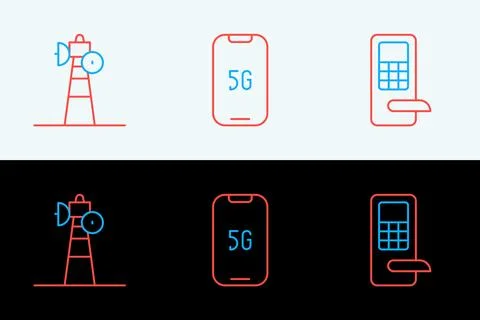 Set line Digital door lock, Satellite dish and Mobile with 5G icon. Vector Illustration