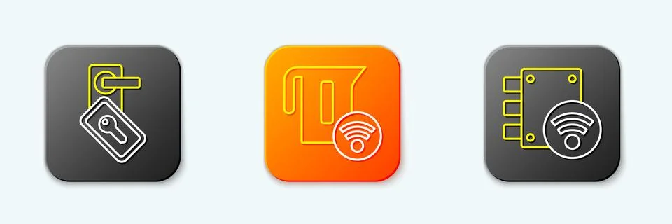 Set line Digital door lock, Smart electric kettle and  icon. Vector Stock Illustration