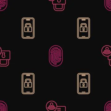 Set line Digital door lock,  and Fingerprint on seamless pattern. Vector Stockillustratie