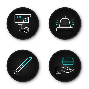 Set line Digital door lock, Knife, Hotel service bell and Security camera i.. Stock Illustration