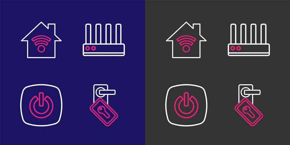 Set line Digital door lock, Smart home, Router and wi-fi signal and with ic.. Stock Illustration