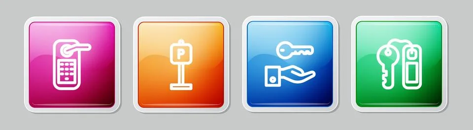 Set line Digital door lock, Parking, Hotel key and . Colorful square button.. Stock Illustration