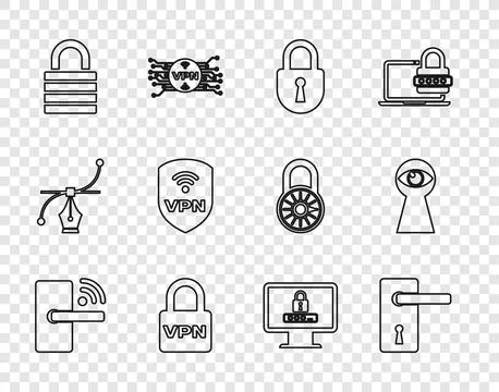 Set line Digital door lock with wireless, Door handle, Lock, VPN, Shield, M.. Illustration