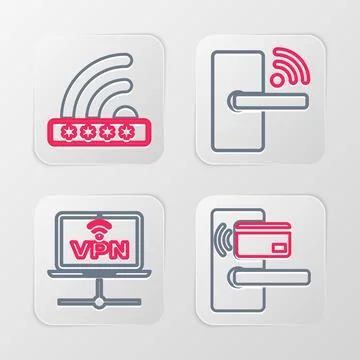 Set line Digital door lock with wireless, VPN Computer network,  and Wifi l.. Illustrazione stock
