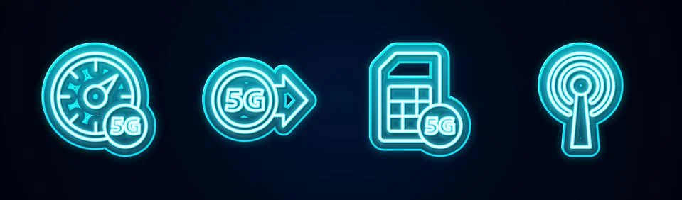 Set line Digital speed meter 5G, network, Sim Card and Antenna. Glowing neon Stock Illustration