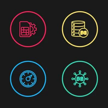 Set line Digital speed meter 5G, network, Server and Sim card setting icon Stock Illustration