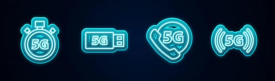 Set line Digital speed meter 5G, modem, Phone with network and . Glowing neon Stock Illustration