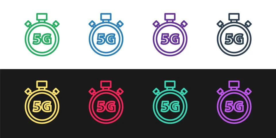 Set line Digital speed meter concept with 5G icon isolated on black and white Stock Illustration