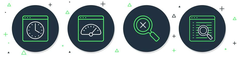 Set line Digital speed meter, Magnifying glass and delete, Browser window and Stock Illustration