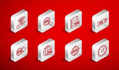 Set line Digital speed meter 5G, Search network, Server, modem, and icon. Vector Stock Illustration