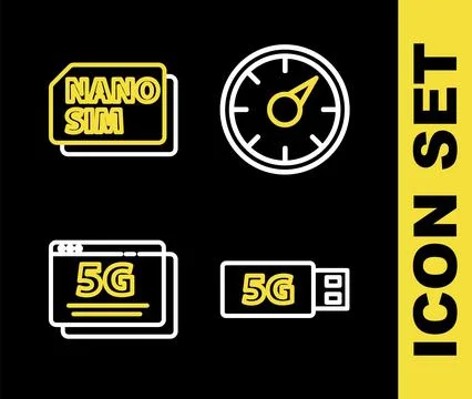 Set line Digital speed meter 5G, modem, network and Nano Sim Card icon. Vector Stock Illustration