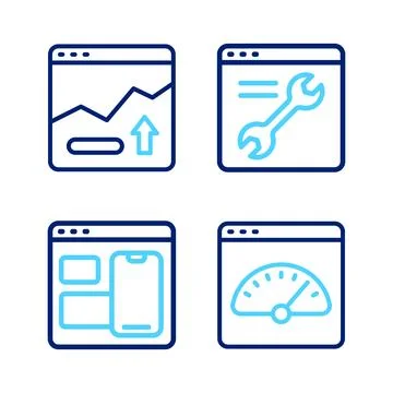 Set line Digital speed meter, Web developer programming code, Browser setting Stock Illustration