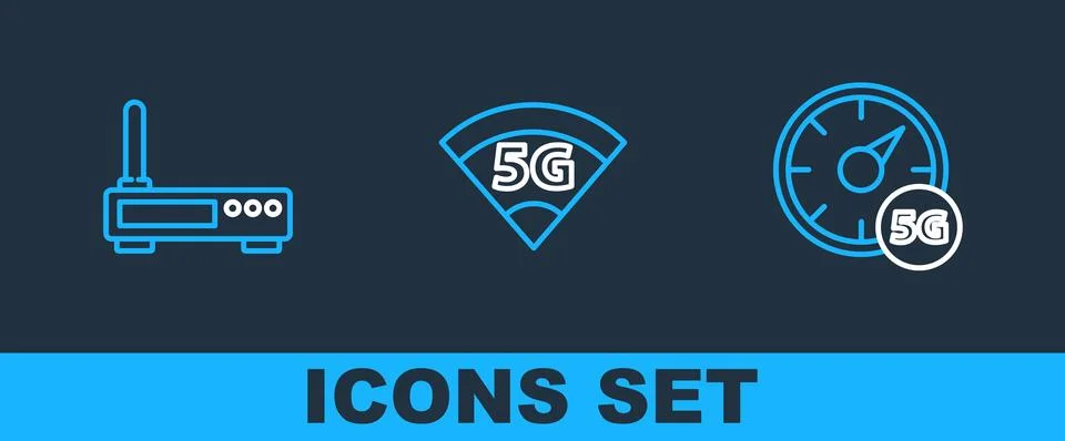 Set line Digital speed meter 5G Router and wi-fi signal and network icon. Vec Stock Illustration