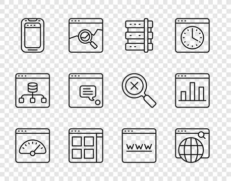 Set line Digital speed meter, Search engine, Server, Browser files, Mobile .. Stock Illustration