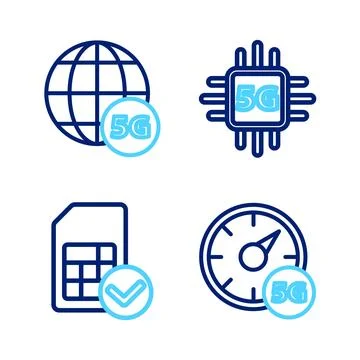 Set line Digital speed meter 5G, Sim card, Processor and network icon. Vector Stock Illustration