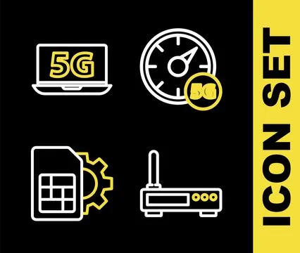 Set line Digital speed meter 5G, Router and wi-fi signal, Sim card setting .. Stock Illustration