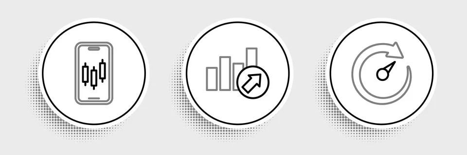 Set line Digital speed meter, Mobile stock trading and Financial growth ico.. Illustrazione stock