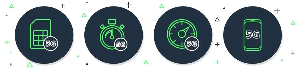 Set line Digital speed meter 5G, Sim Card and Mobile with network icon. Vecto Stock Illustration