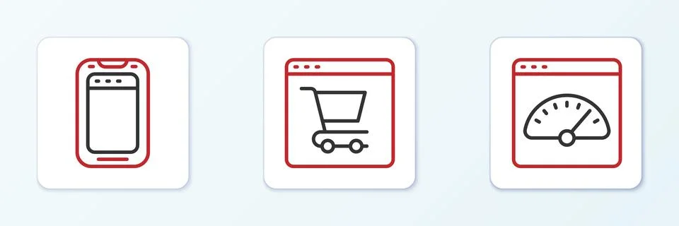Set line Digital speed meter, Mobile phone and Online shopping screen icon... Stock Illustration