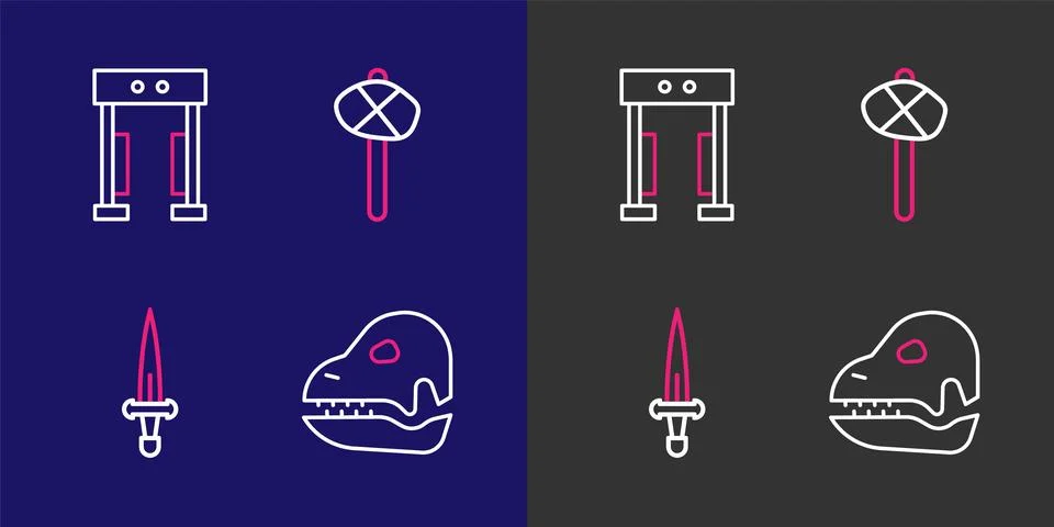 Set line Dinosaur skull, Dagger, Stone age hammer and Metal detector icon. .. Stock Illustration