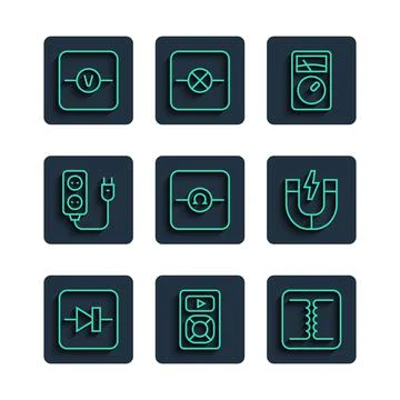Set line Diode in electronic circuit, Music player, Electrical transformer, A Stock Illustration