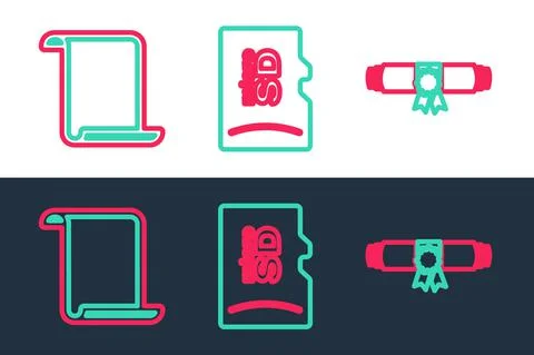 Set line Diploma rolled scroll, Paper and Micro SD memory card icon. Vector Illustrazione stock