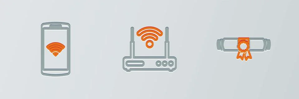 Set line Diploma rolled scroll, speakers and Router and wi-fi icon. Vector Stock Illustration