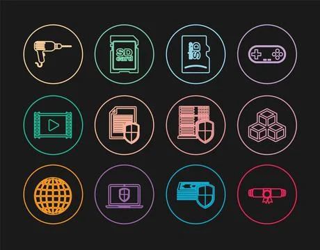 Set line Diploma rolled scroll, Isometric cube, Micro SD memory card, Document Stock Illustration