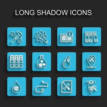 Set line Dirty water drop, Route location, Crossed hammer and wrench, File .. Stock Illustration