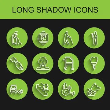 Set line Disabled car, elevator, Grandmother, Electric wheelchair, Guide dog Stock Illustration