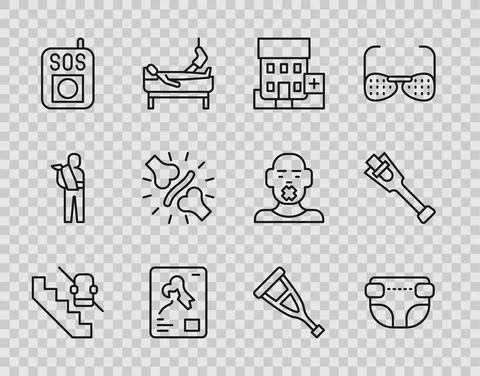 Set line Disabled elevator, Adult diaper, Medical hospital building, X-ray shots Ilustración de archivo