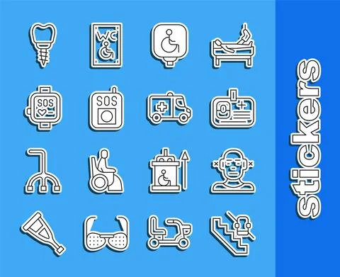 Set line Disabled elevator, Deaf, Identification badge, wheelchair, Press the Illustrazione stock