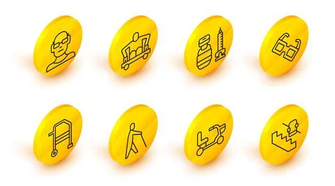 Set line Disabled elevator, Electric wheelchair, Blind human holding stick 스톡 일러스트