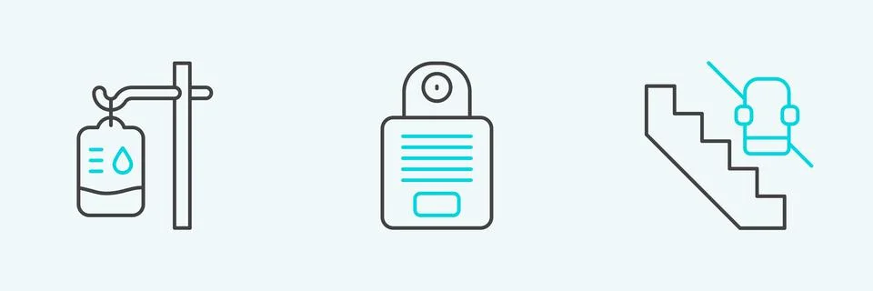 Set line Disabled elevator, IV bag and Intercom icon. Vector Stock Illustration