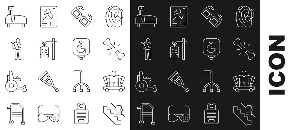 Set line Disabled elevator, Man without legs sitting wheelchair, Human broken Stock Illustration